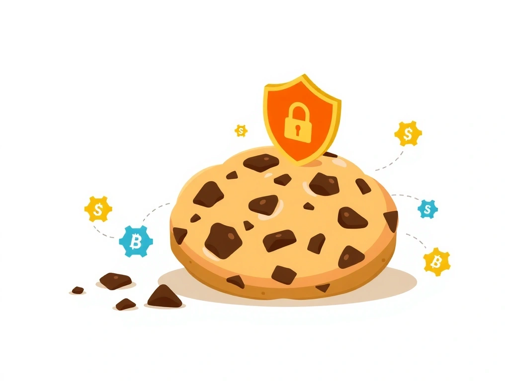 A detailed illustration of a cookie with small digital elements floating around it, symbolizing data and privacy.