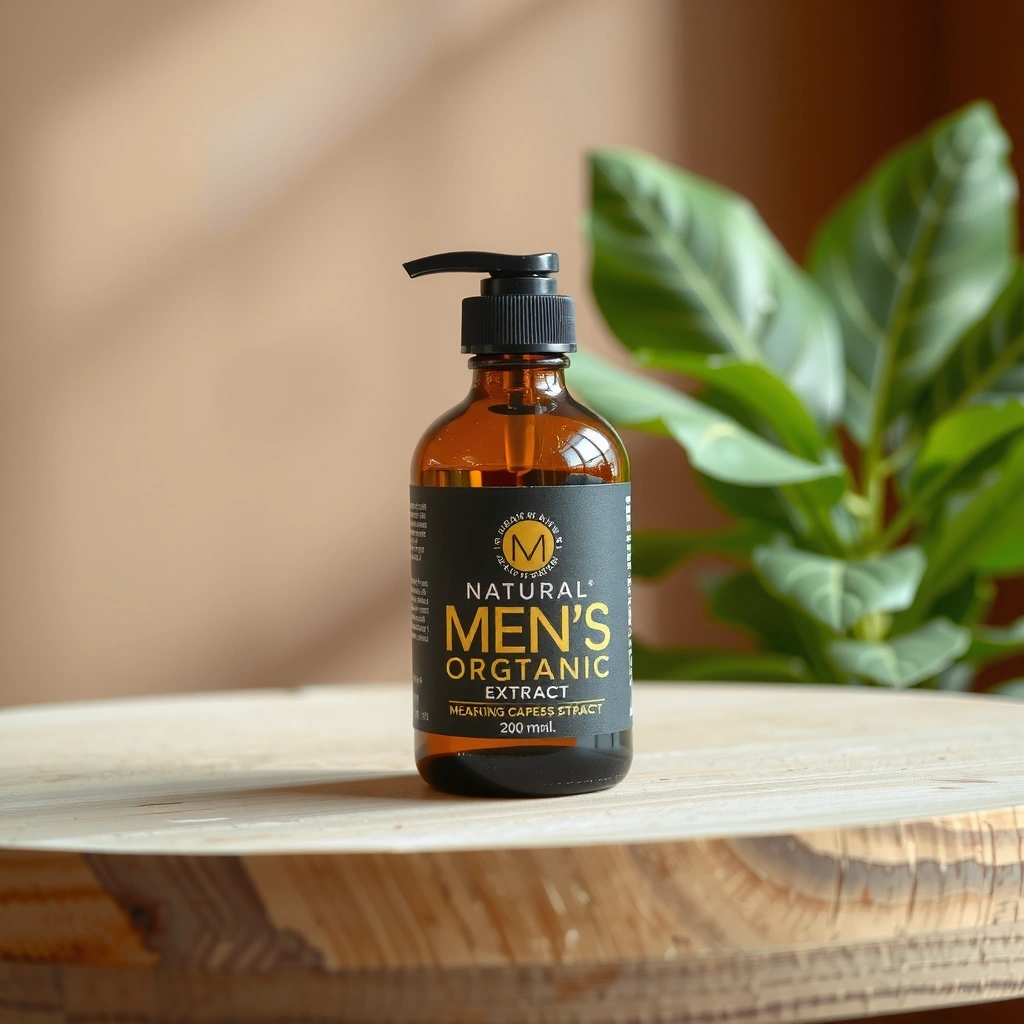 Organic Men's Vitality Extract bottle on a wooden surface