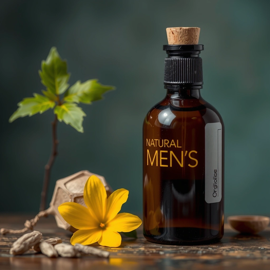 Organic Men's Vitality Extract bottle, angled view with botanical background