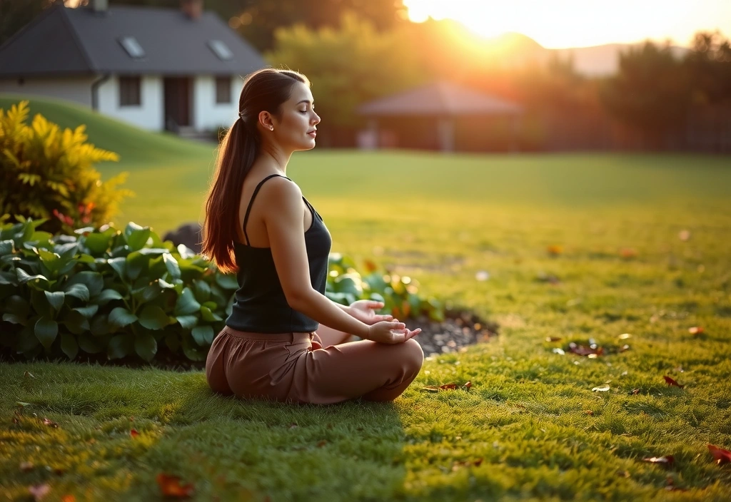 A serene person meditating in a lush green garden, symbolizing inner peace and wellness.