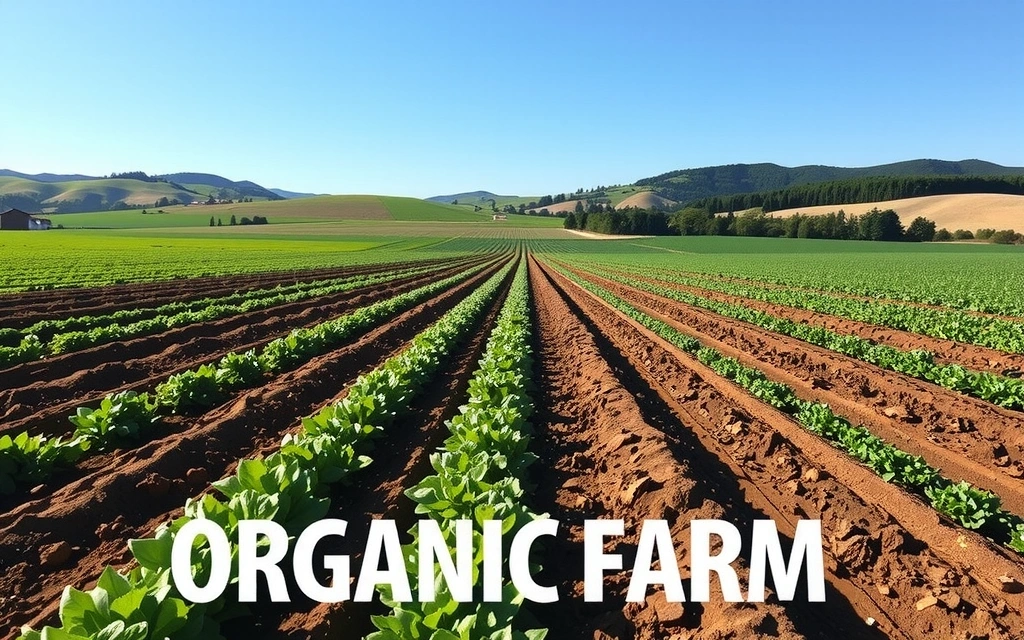 A serene landscape of an organic farm with diverse crops under clear blue sky, symbolizing sustainable sourcing.