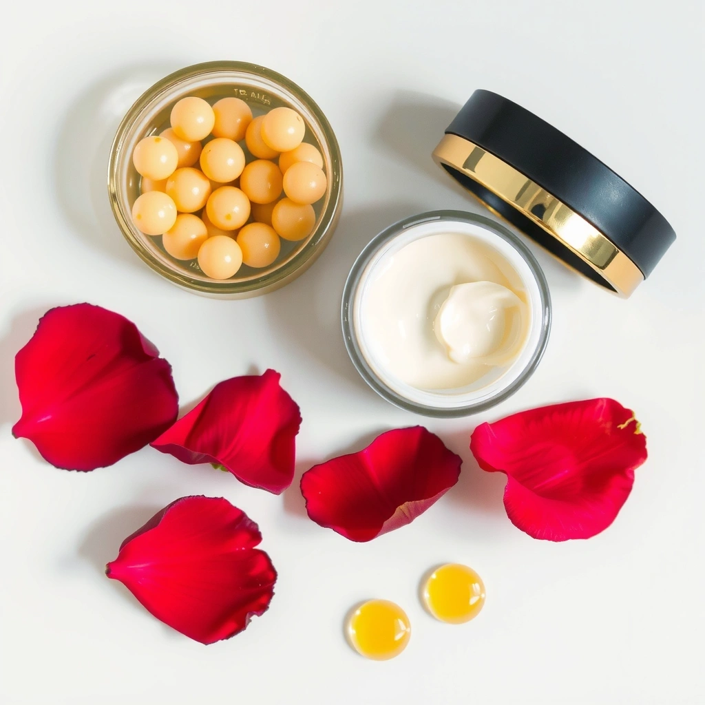 Ingredients for organic glow cream: rose, jojoba, hyaluronic acid