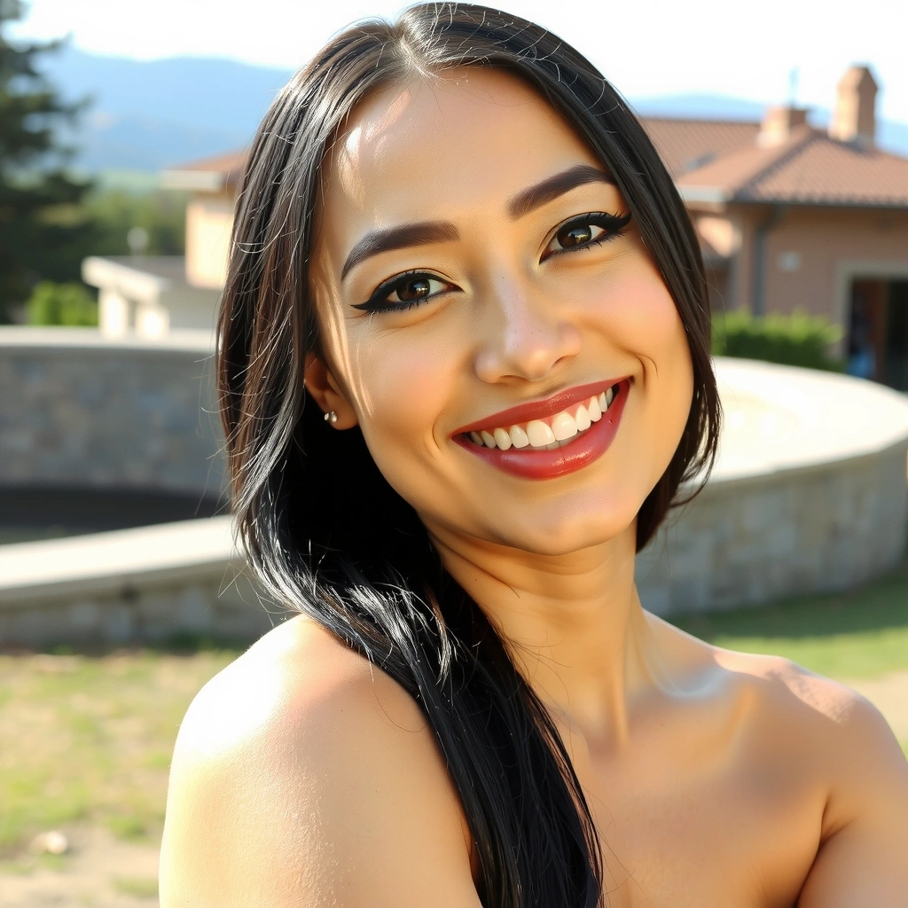 Woman smiling with clear, glowing skin in a natural setting